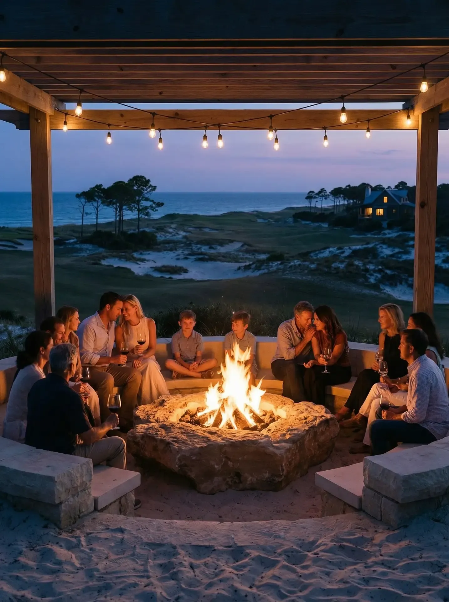 People gathered around a stone firepit at blue hour with string lights and golf course beyond