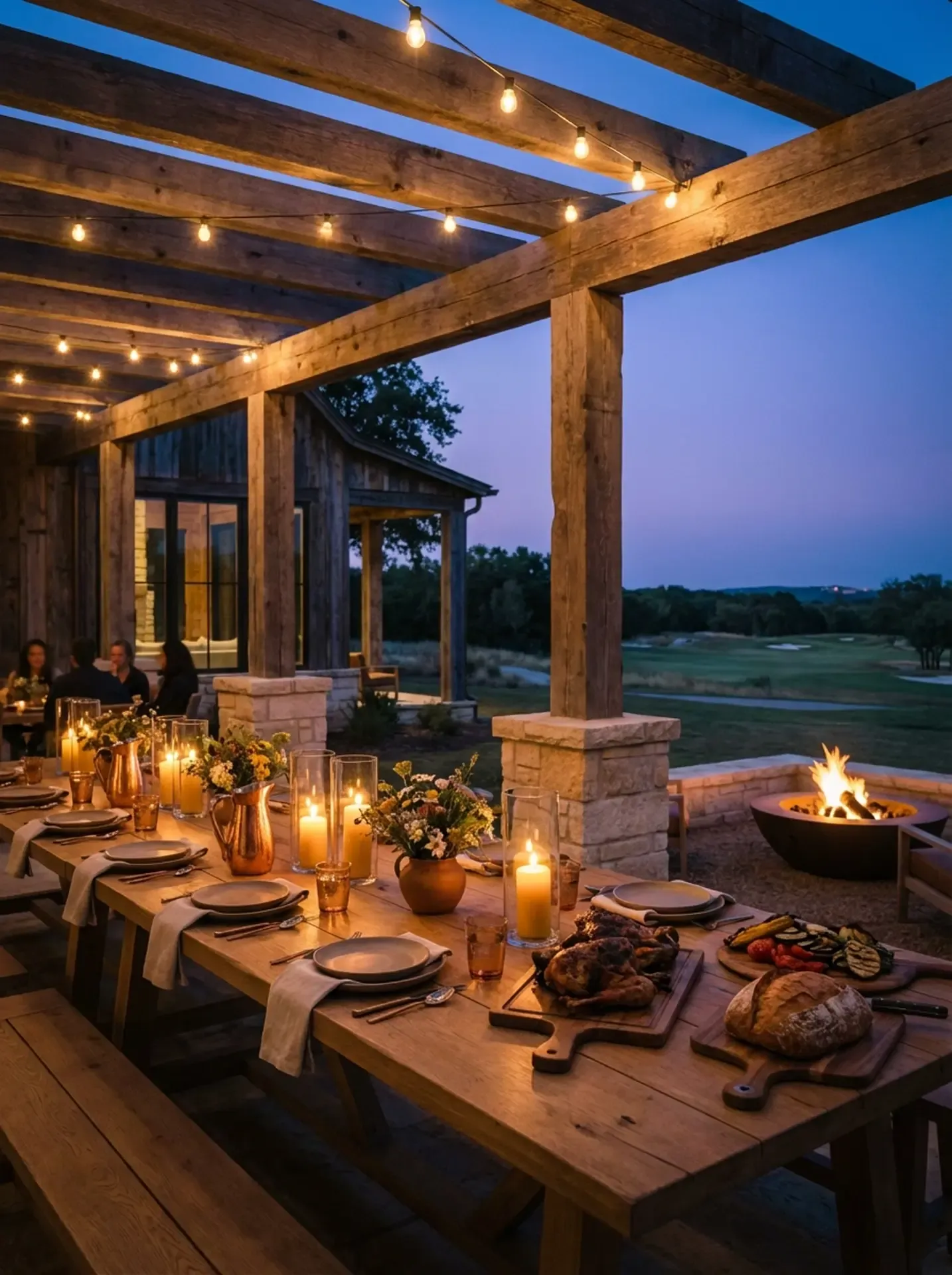Communal harvest table outdoors at dusk with string lights and fire pit