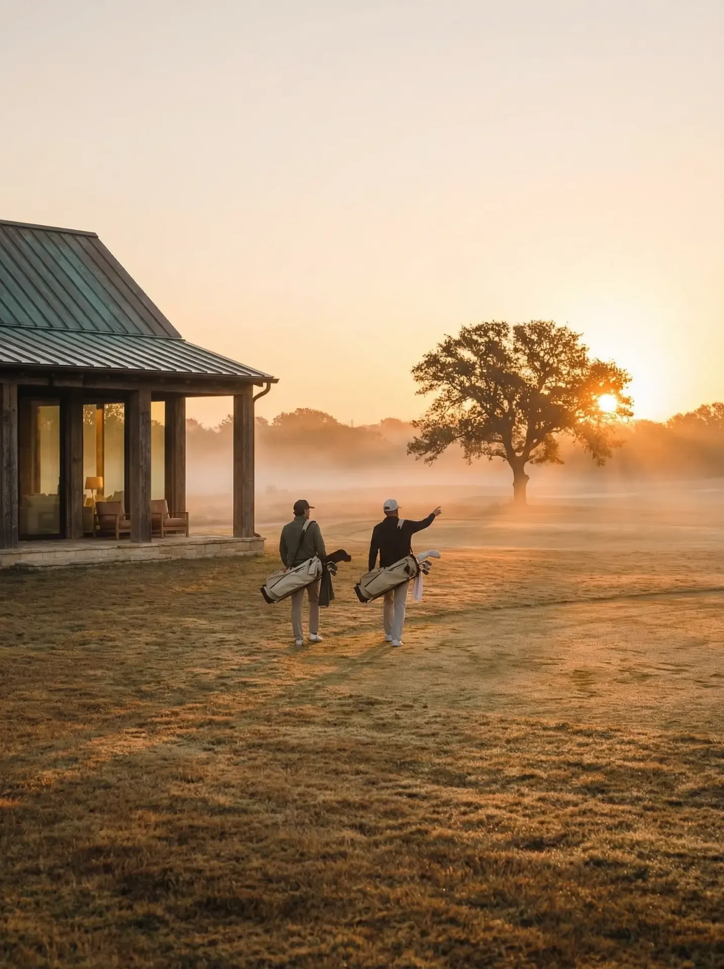 Two golfers walking into a misty sunrise carrying their bags