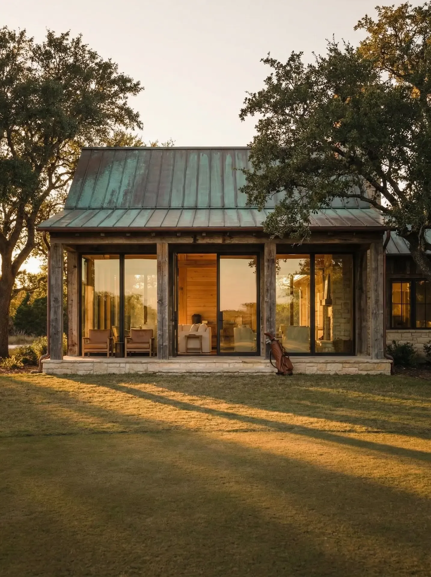 Luxury cabin at dusk with golf bag on the porch, fairway steps away
